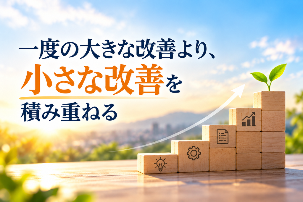 一度の大きな改善より、小さな業務改善を積み重ねることの大切さを表現したイメージ